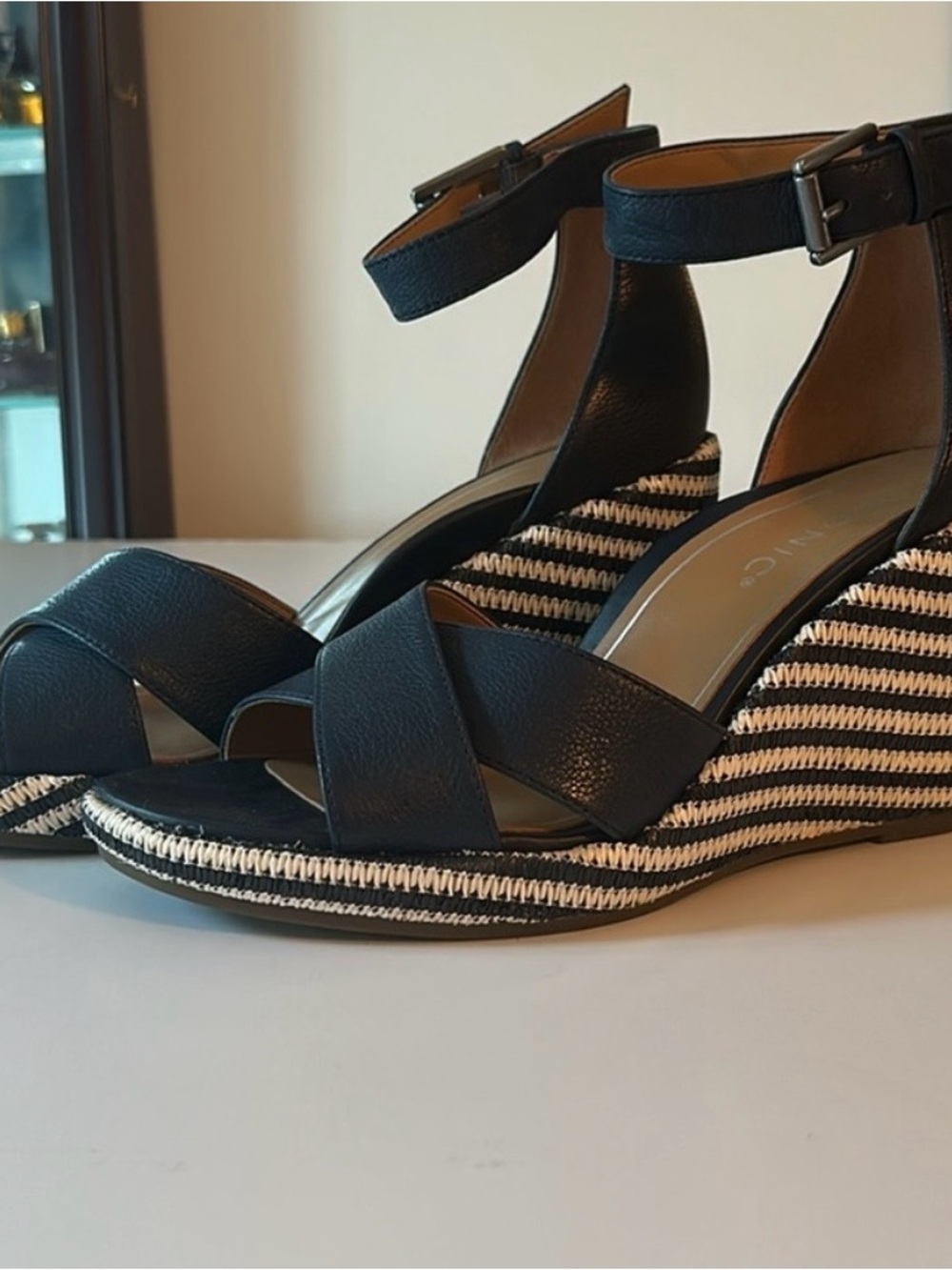Navy blue and white  Ankle-Strap Wedge Sandals - Women